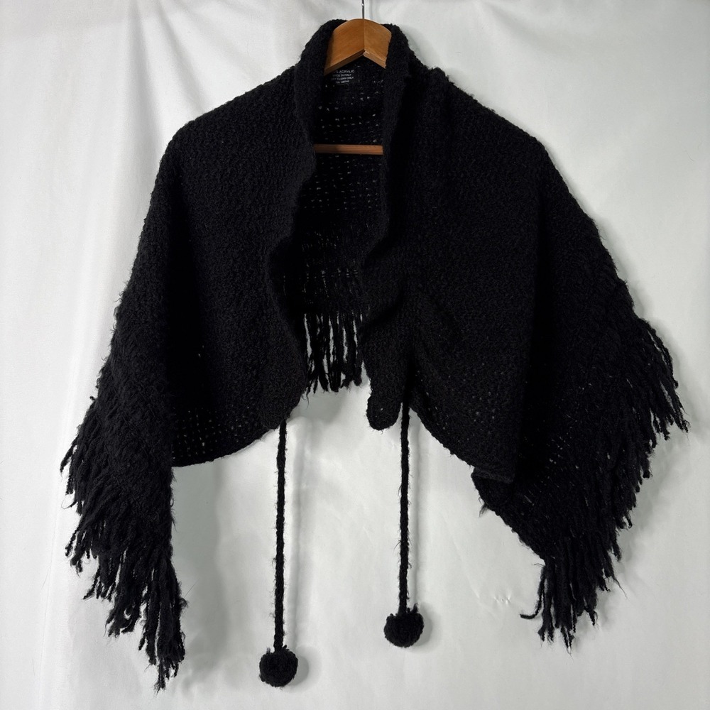 Folio Poncho Shawl Wrap Dress Cover Black Fringe Ball Tie Dressy Wedding Party